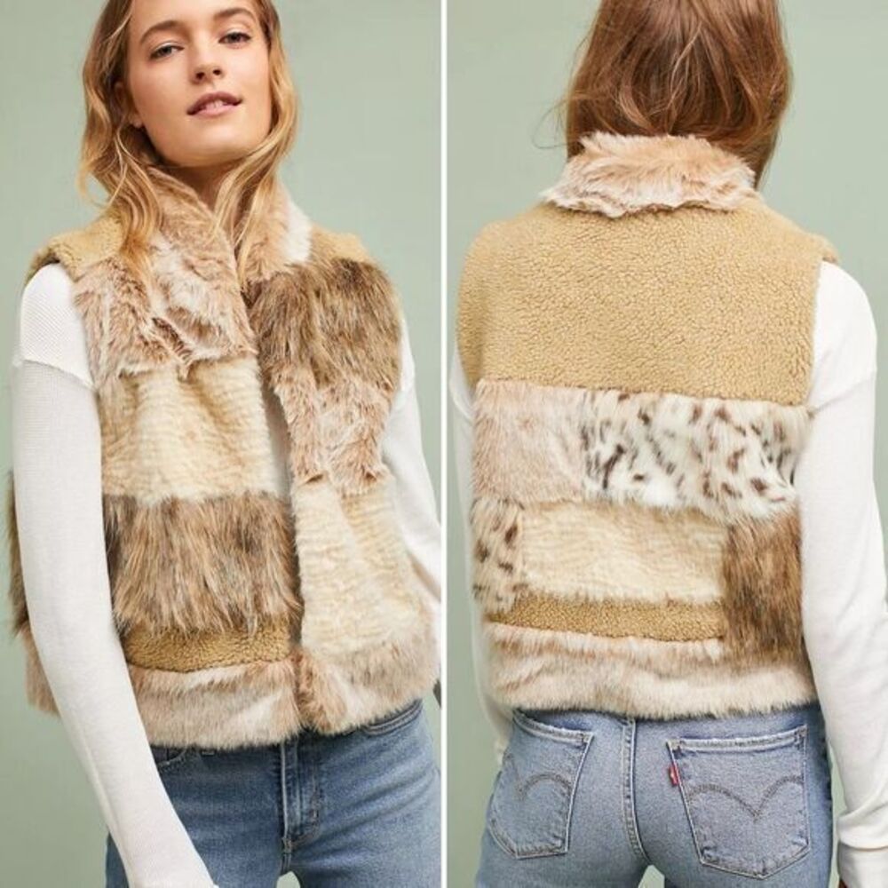 Anthropologie NWT Marlena Faux Fur Patchwork Waistcoast Vest Size L
